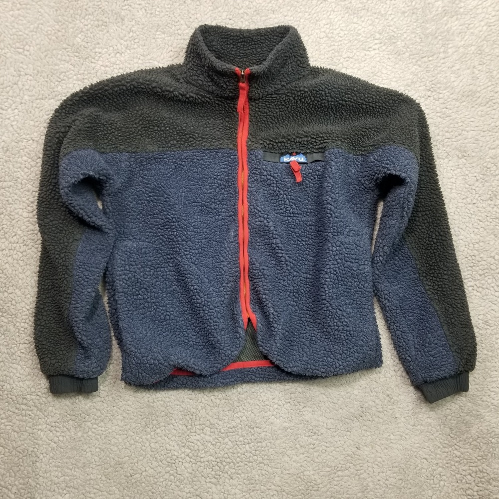 KAVU Mens Teannaway Full Zip Sherpa Fleece Jacket Blue Gray Trim Size XS